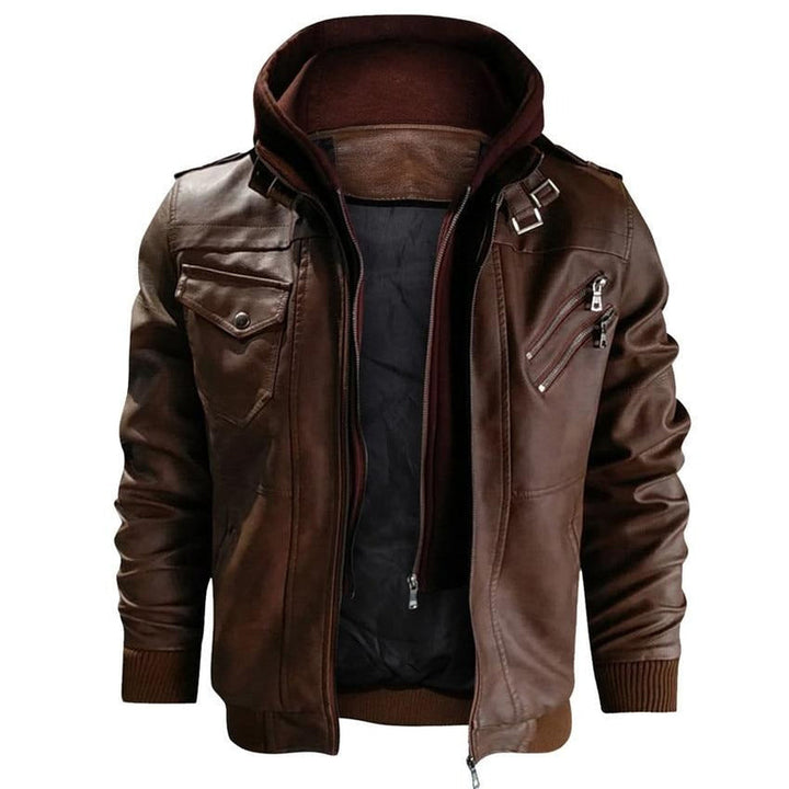 Brown Faux Leather Jacket with Hood for Men