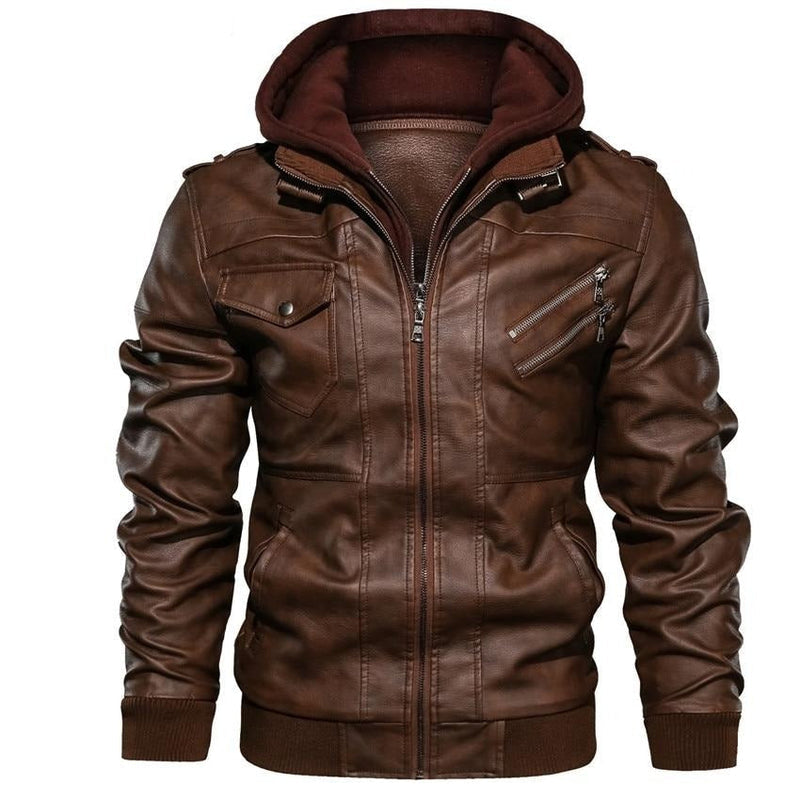 Brown Faux Leather Jacket with Hood for Men