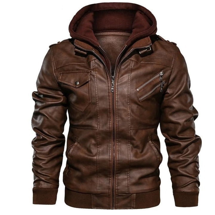 Brown Faux Leather Jacket with Hood for Men