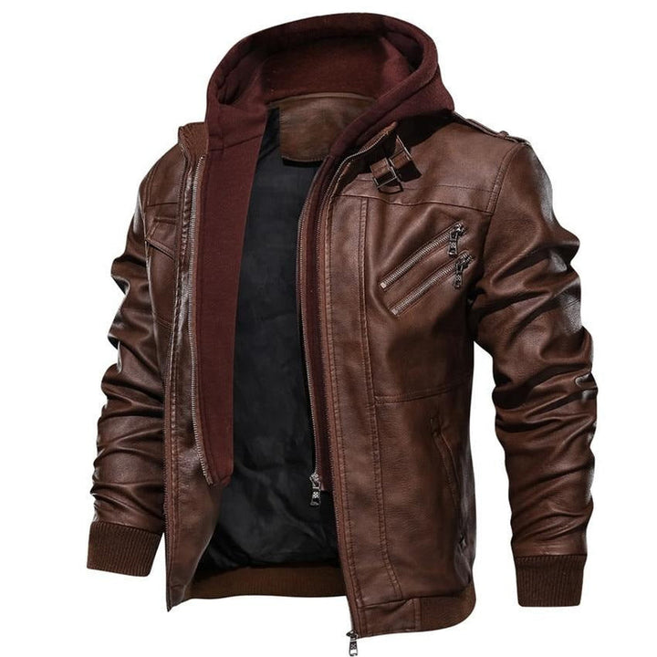 Brown Faux Leather Jacket with Hood for Men