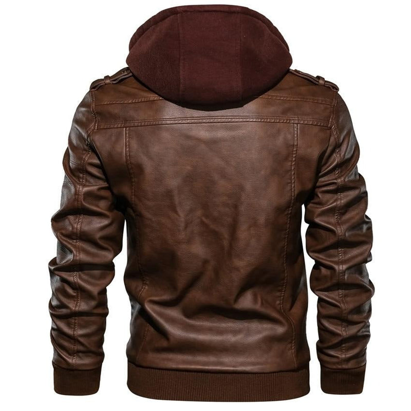 Brown Faux Leather Jacket with Hood for Men