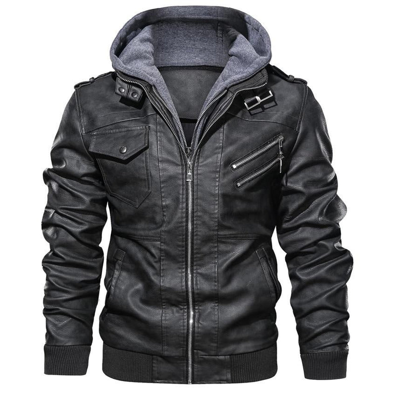 Brown Faux Leather Jacket with Hood for Men