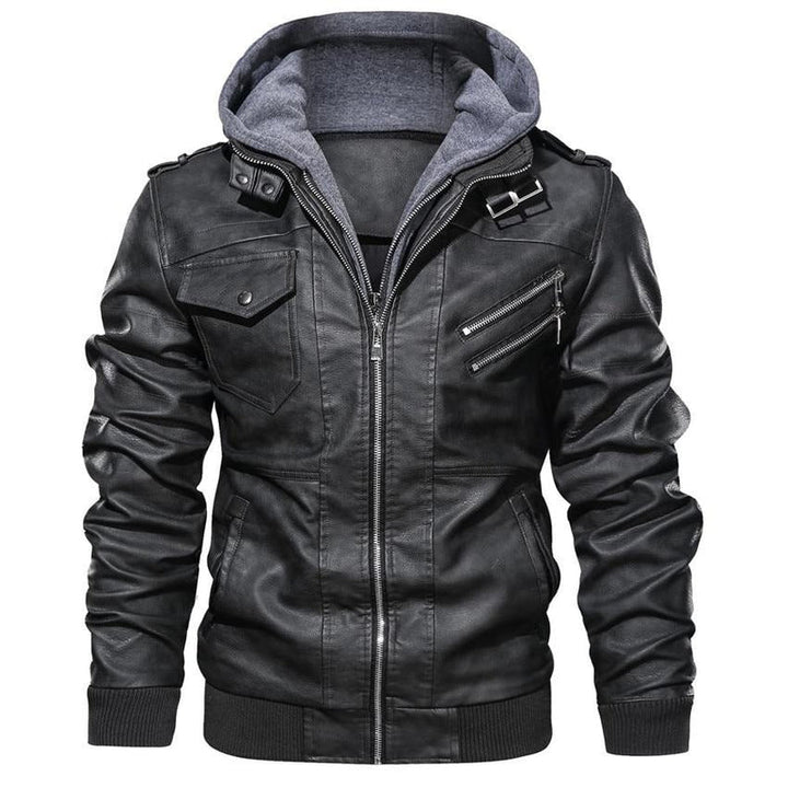 Brown Faux Leather Jacket with Hood for Men